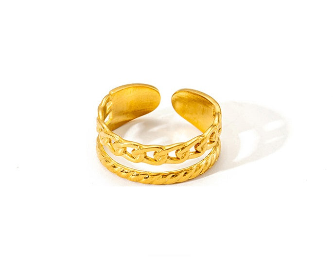 Corinne gold-plated open ring with chain and braid texture