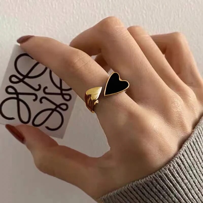 Croia black and gold open heart ring for women