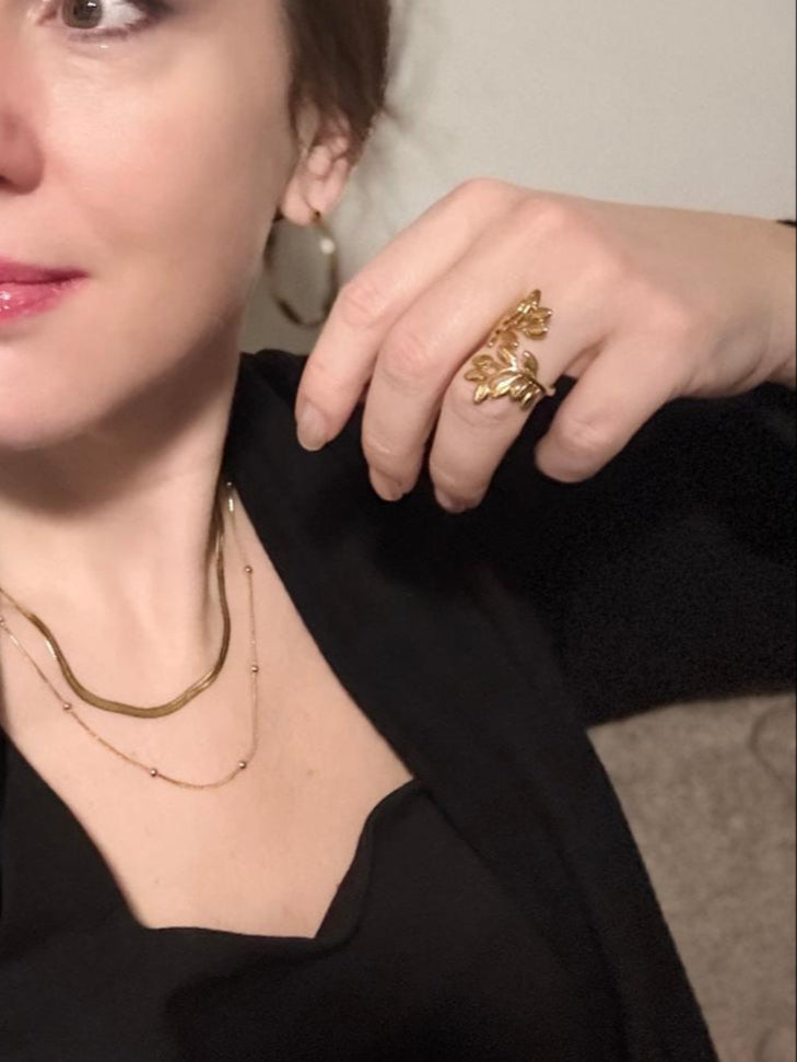 Gianna gold-plated adjustable open ring with leaf design