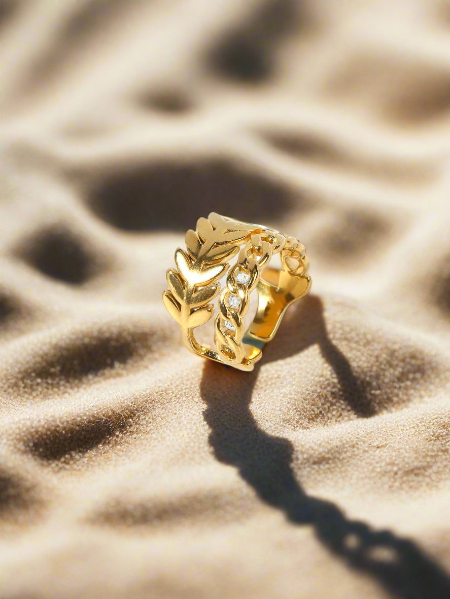 Adjustable 18k gold-plated leaf ring open band