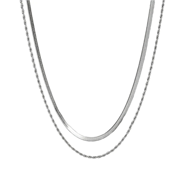 Minerva double chain necklace for women – titanium steel flower and herringbone design