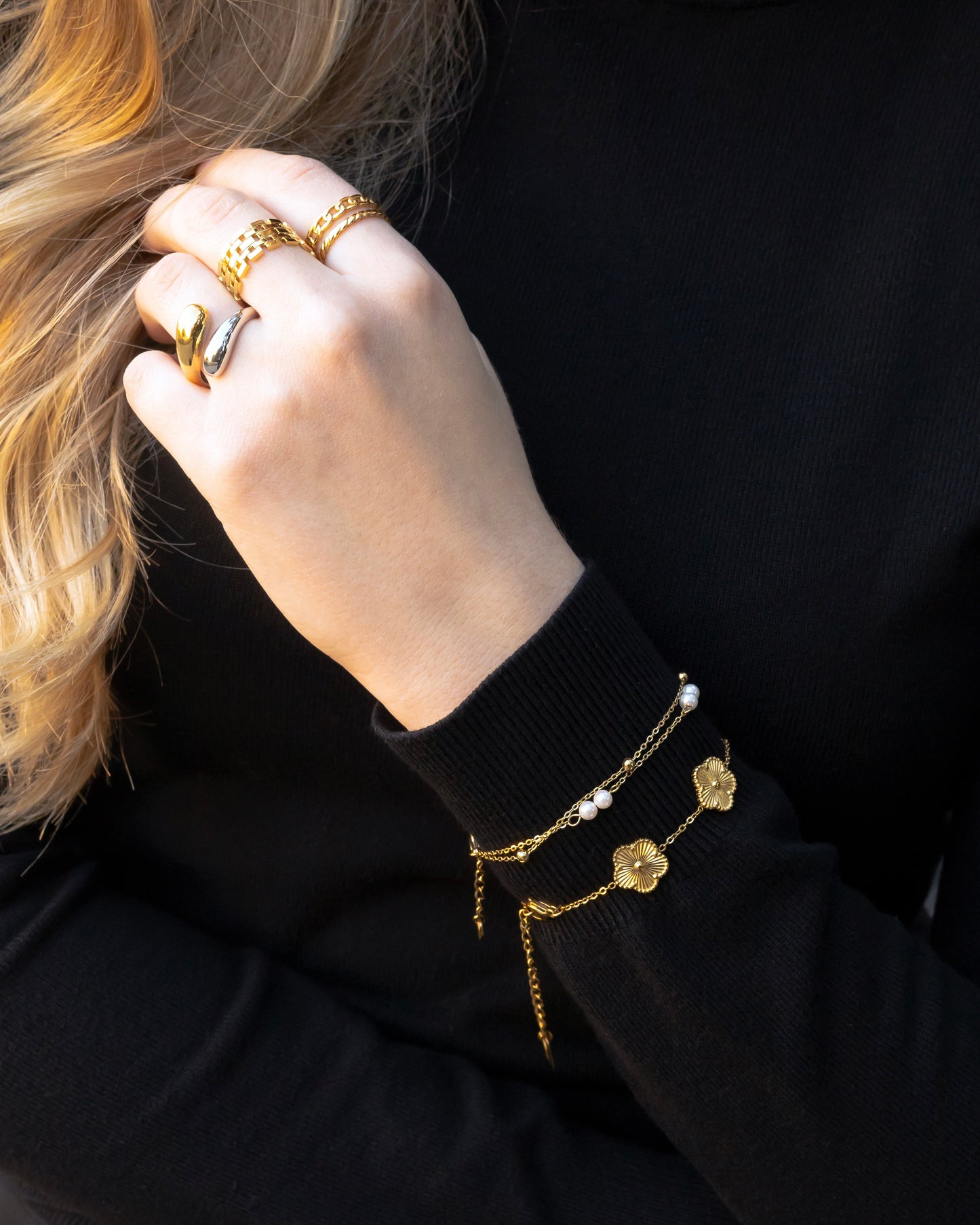 Gold and silver adjustable open ring – modern teardrop ring design