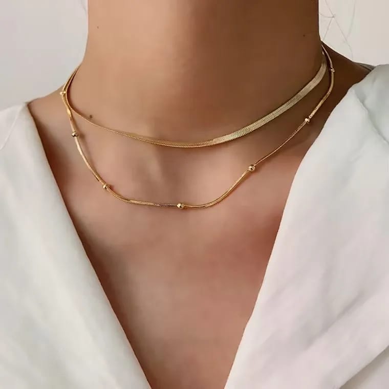 Herringbone and beaded chain gold necklace