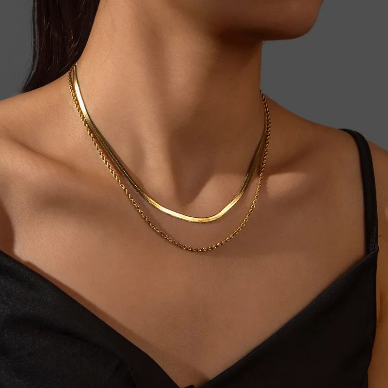 Zahara 18K gold-plated layered necklace with floral and herringbone chains