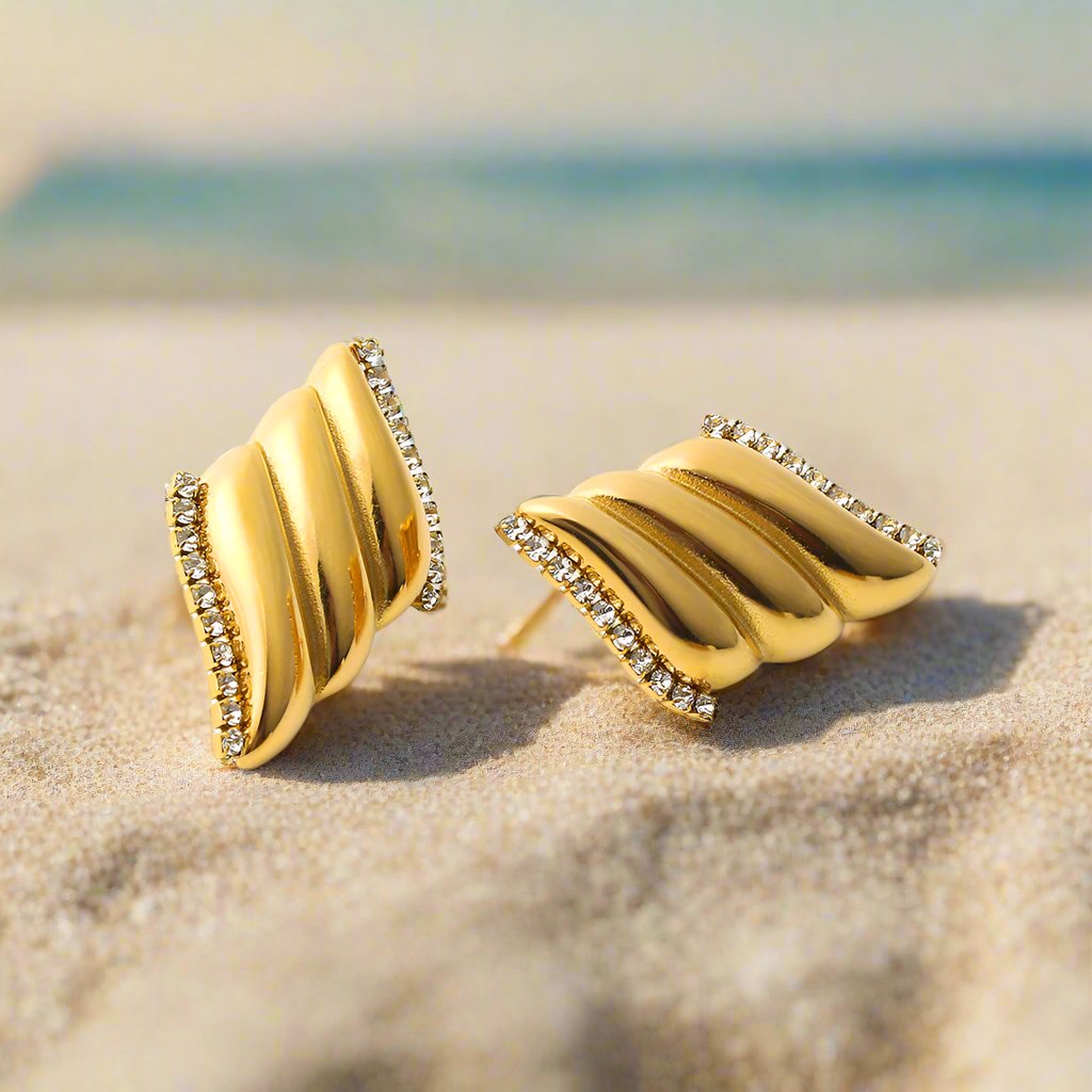 Detailansicht Angelia Ohrringe – funkelnde Zirkonia, Gold-Optik - für den Strand