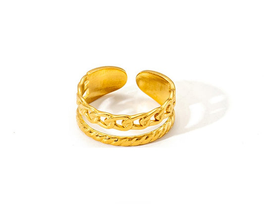 Corinne gold-plated open ring with chain and braid texture