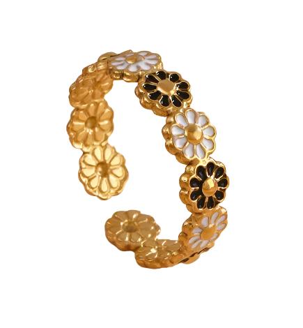 Mavis 18K gold-plated flower ring with colorful enamel daisies