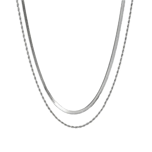 Minerva double chain necklace for women – titanium steel flower and herringbone design